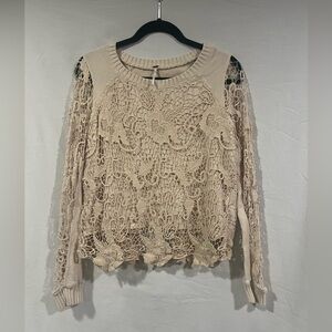 Free People Cream Crochet Lace Pullover Sweater